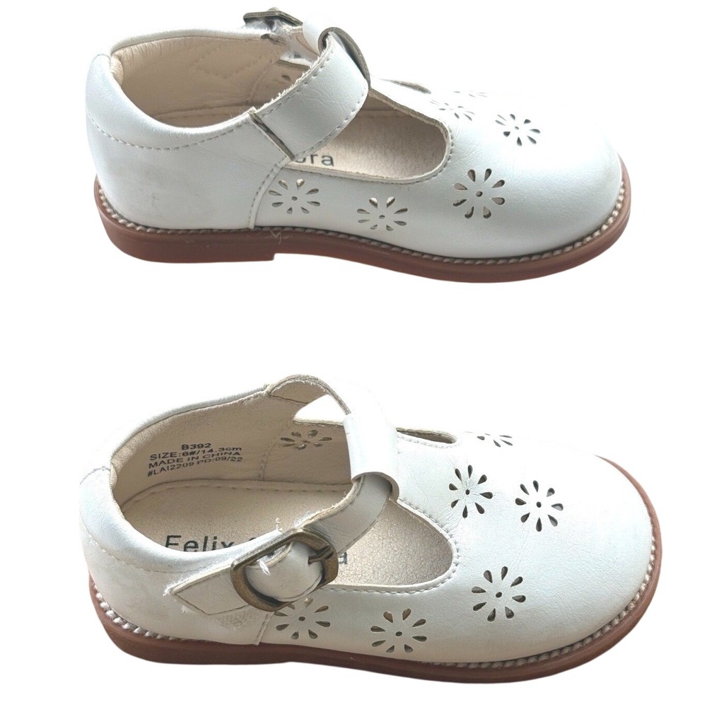 Felix & Flora Toddler Girls White Leather T-Strap Floral Cutout Shoes Size 6